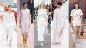 abiti eleganti in passerella minimalista bianca