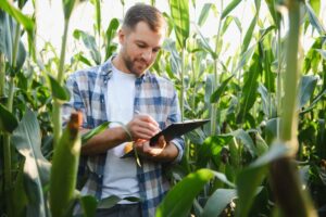 agricoltore con piante e quaderno strategico