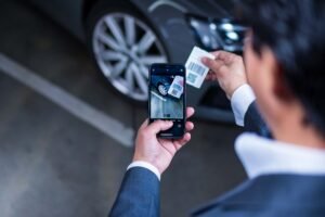 auto parcheggiata con documento di pagamento accanto