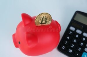 banca con simboli di valuta e calcolatrice