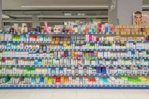 banco parafarmacia con prodotti esposti colorati