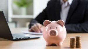 banconote e salvadanaio accanto a laptop