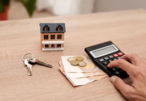 calcolatrice con casa in miniatura sul tavolo