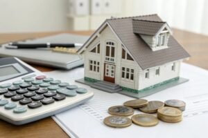 calcolatrice con planimetria di casa e monete