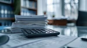 calcolatrice documenti e fogli ordinati su tavolo