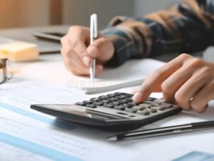 calcolatrice documenti finanziari mano che scrive