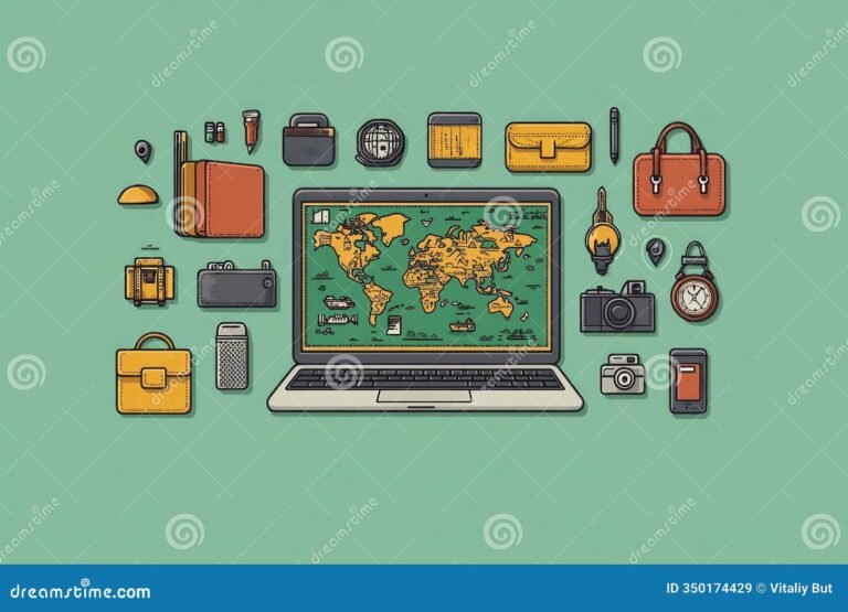 computer e mappa con simboli di viaggio