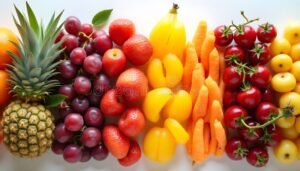 esposizione colorata di frutta e verdura fresca