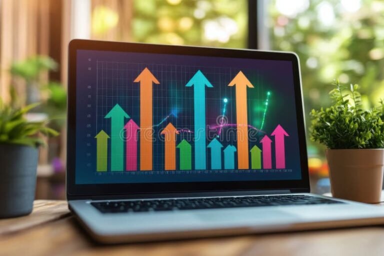 grafico di crescita azionaria su laptop colorato