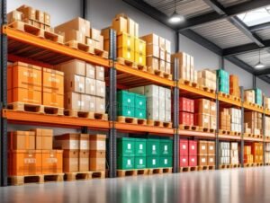 magazzino con scaffali e scatole organizzate