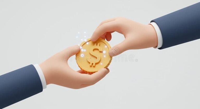 mani che scambiano denaro con sfondo digitale
