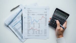 mani che tengono calcolatrice e documenti finanziari