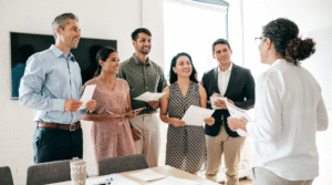 membri di associazione riuniti in ufficio