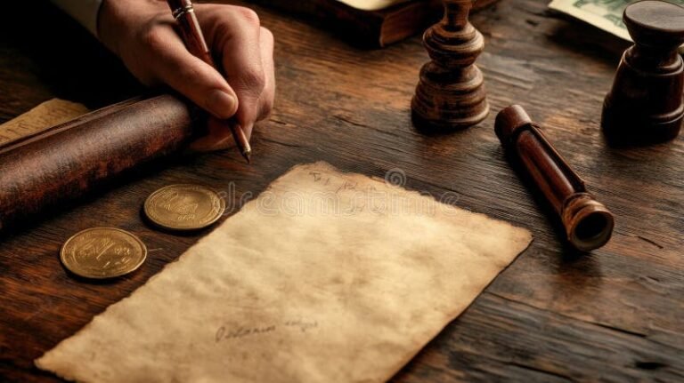 moneta antica accanto a documento legale vintage