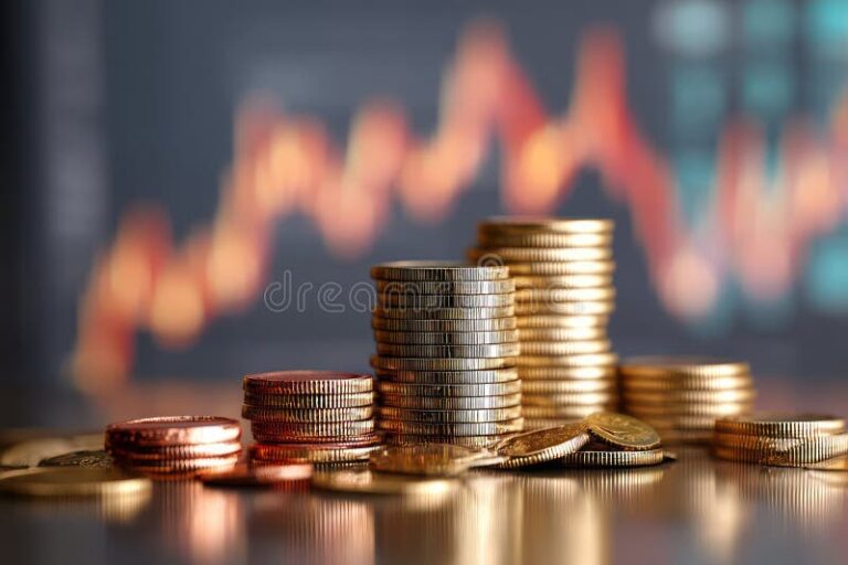 moneta e banconote con grafici economici sfocati