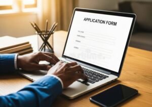 persona che compila moduli con laptop