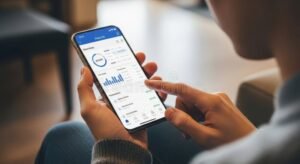 persona che usa smartphone con app finanziarie