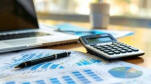 scrivania con bilancio e calcolatrice finanziaria