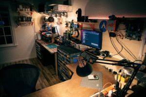 scrivania con laptop artigiano che crea piccoli oggetti