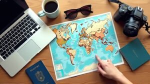 scrivania con mappa computer e passaporti