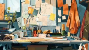 Quali Sono Le Migliori Idee Per Il Nome Di Un Brand Di Abbigliamento 21 scrivania con schizzi e campioni di tessuti