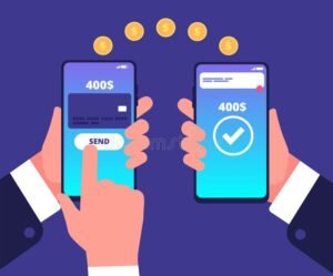 telefono cellulare con segnale wi fi con sfondo bancario