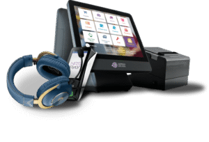 telefono con cuffie accanto a terminale pos