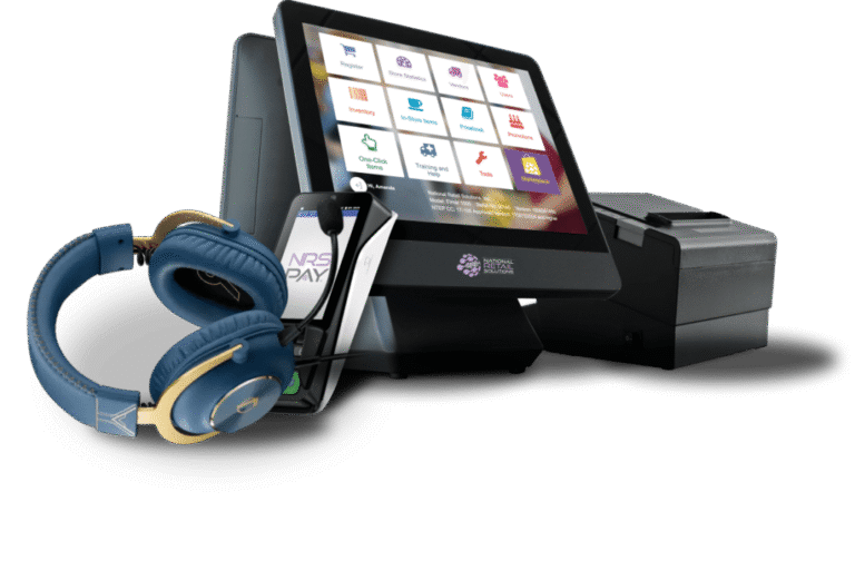 telefono con cuffie accanto a terminale pos