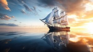 una barca antica che naviga su un mare calmo