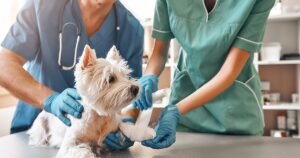 veterinario che cura un cane in clinica